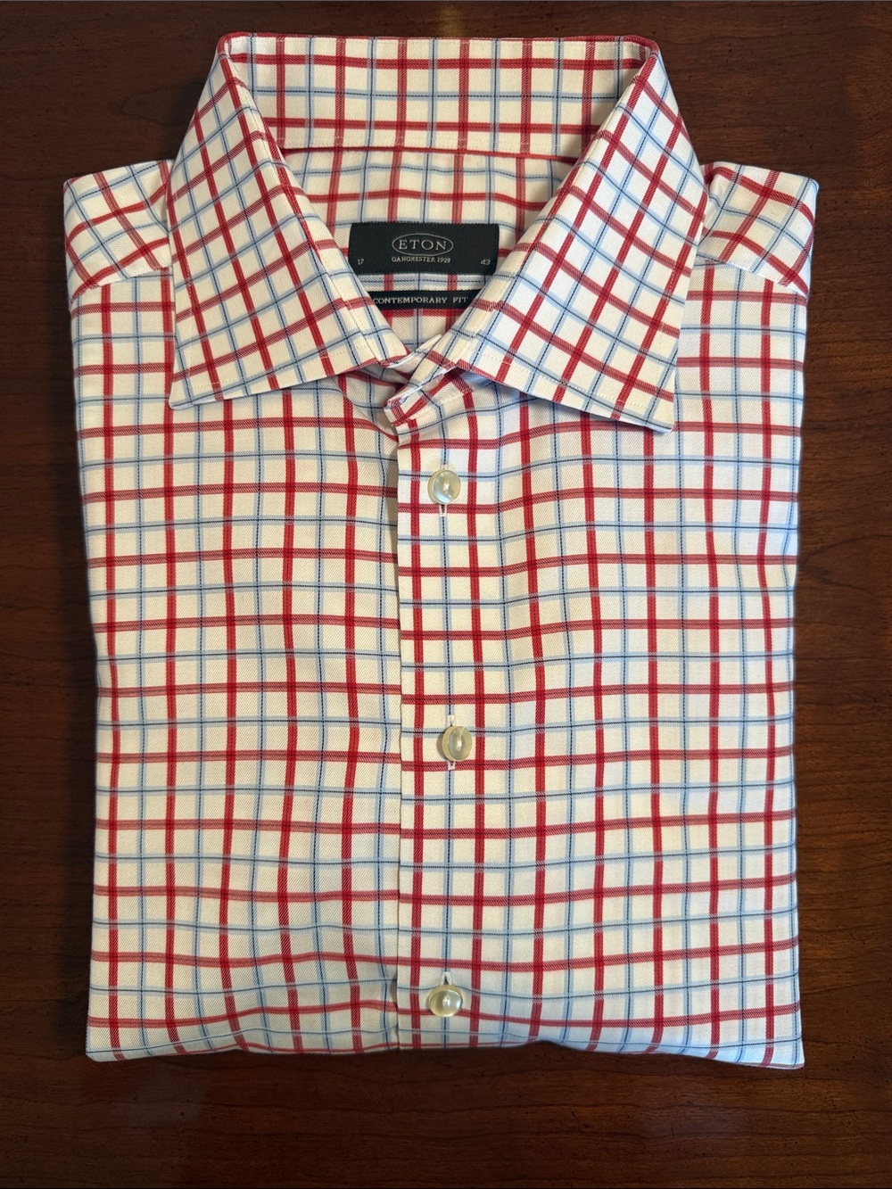 Eton White Dress Shirt with Red and Blue Plaid